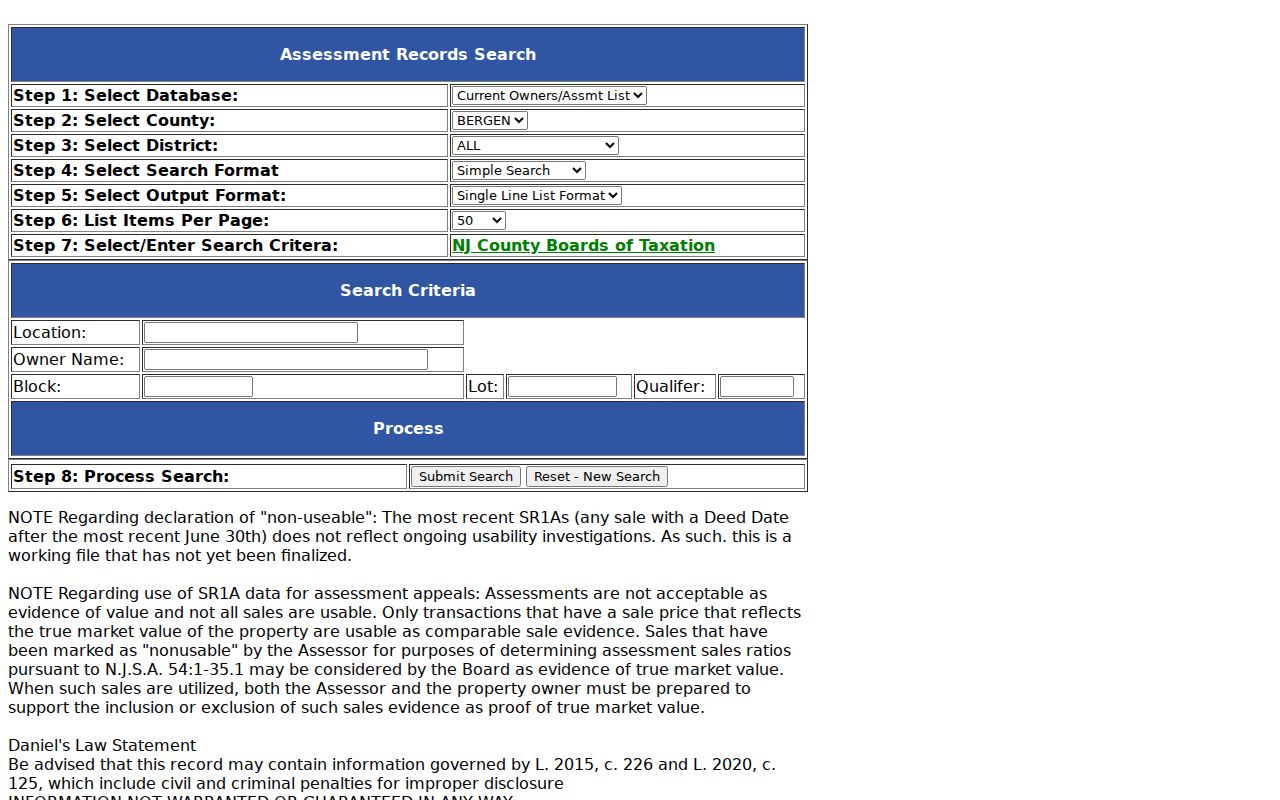 Lyndhurst street directory Bergen tax record search fields